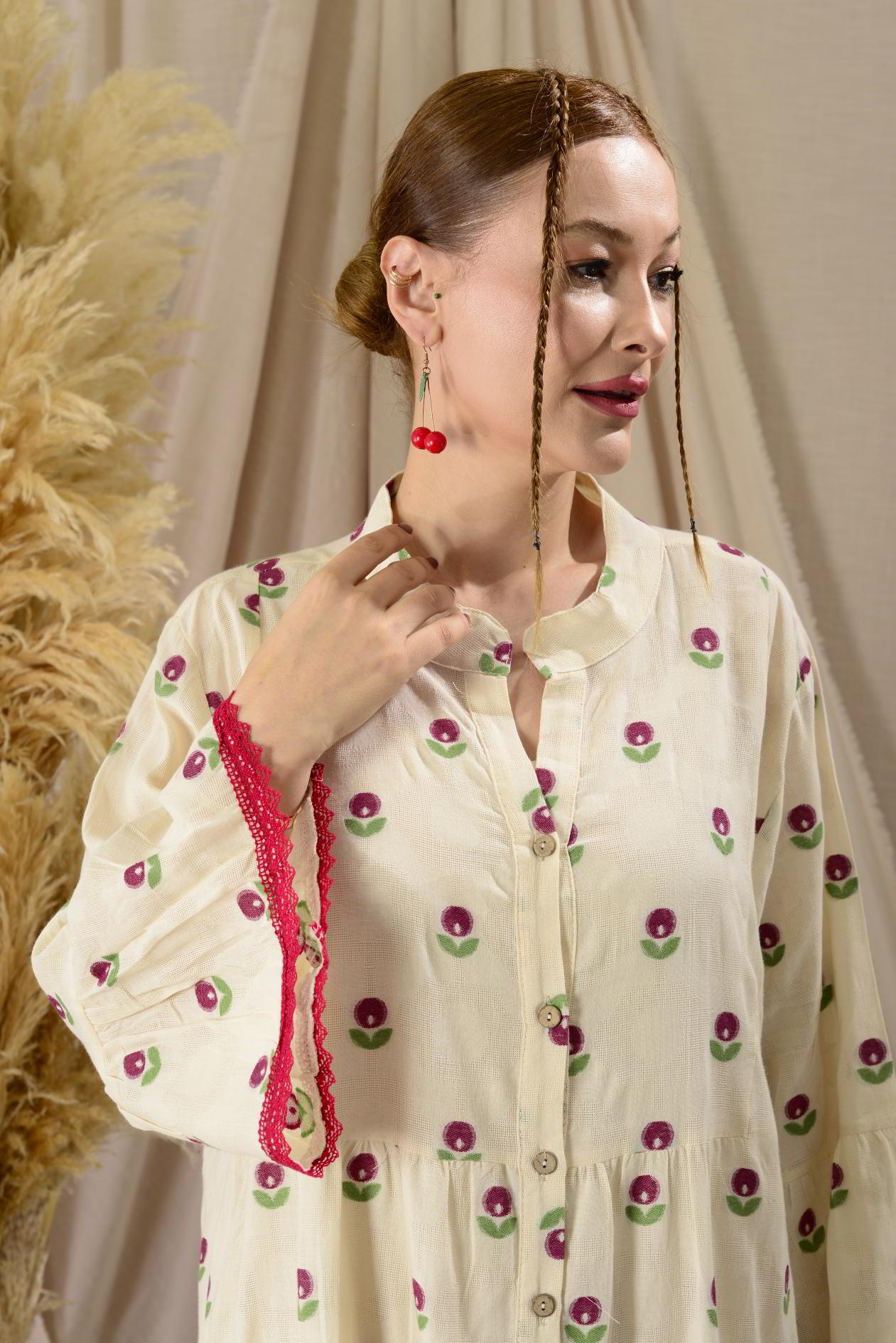 AN10512 FLORA DÜĞMELİ UZUN ELBİSE