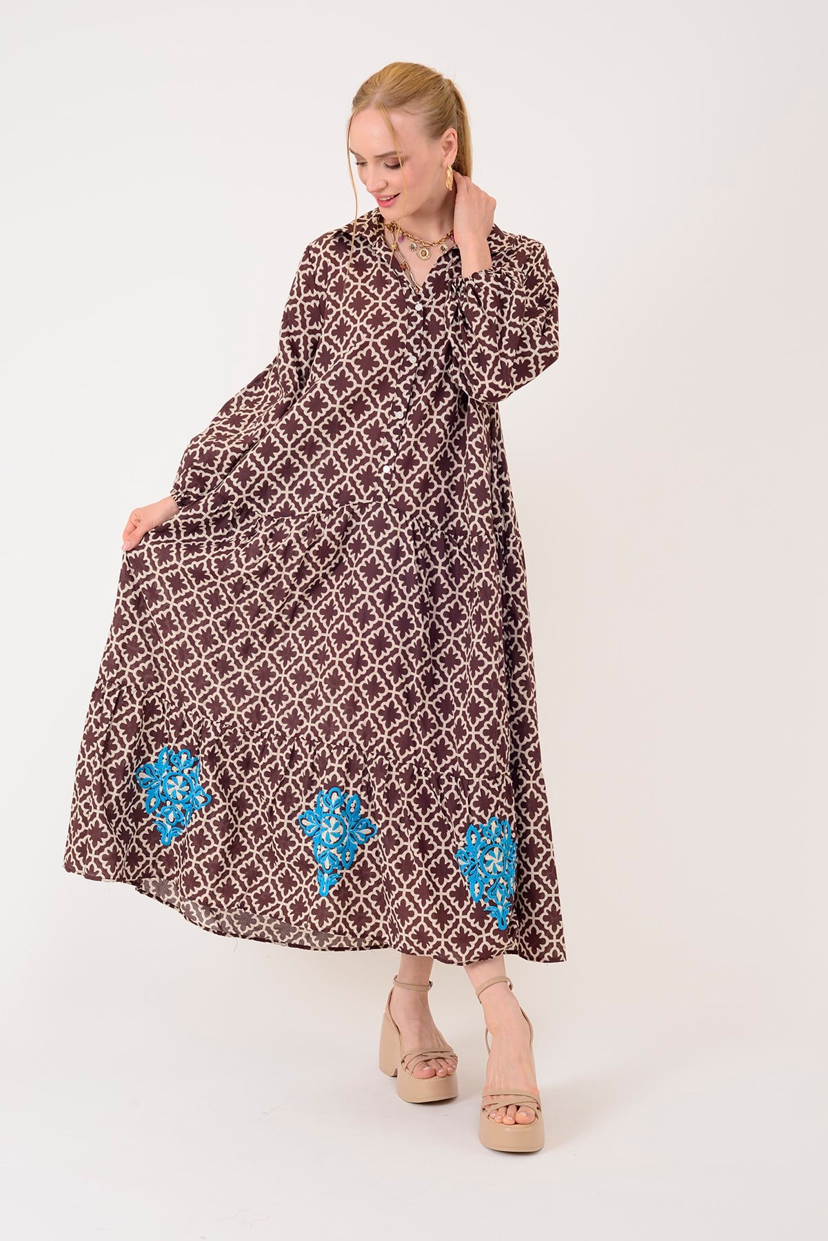 AN10522 B2770 MARIN ARKASI İŞLEMELİ GÖMLEK ELBİSE