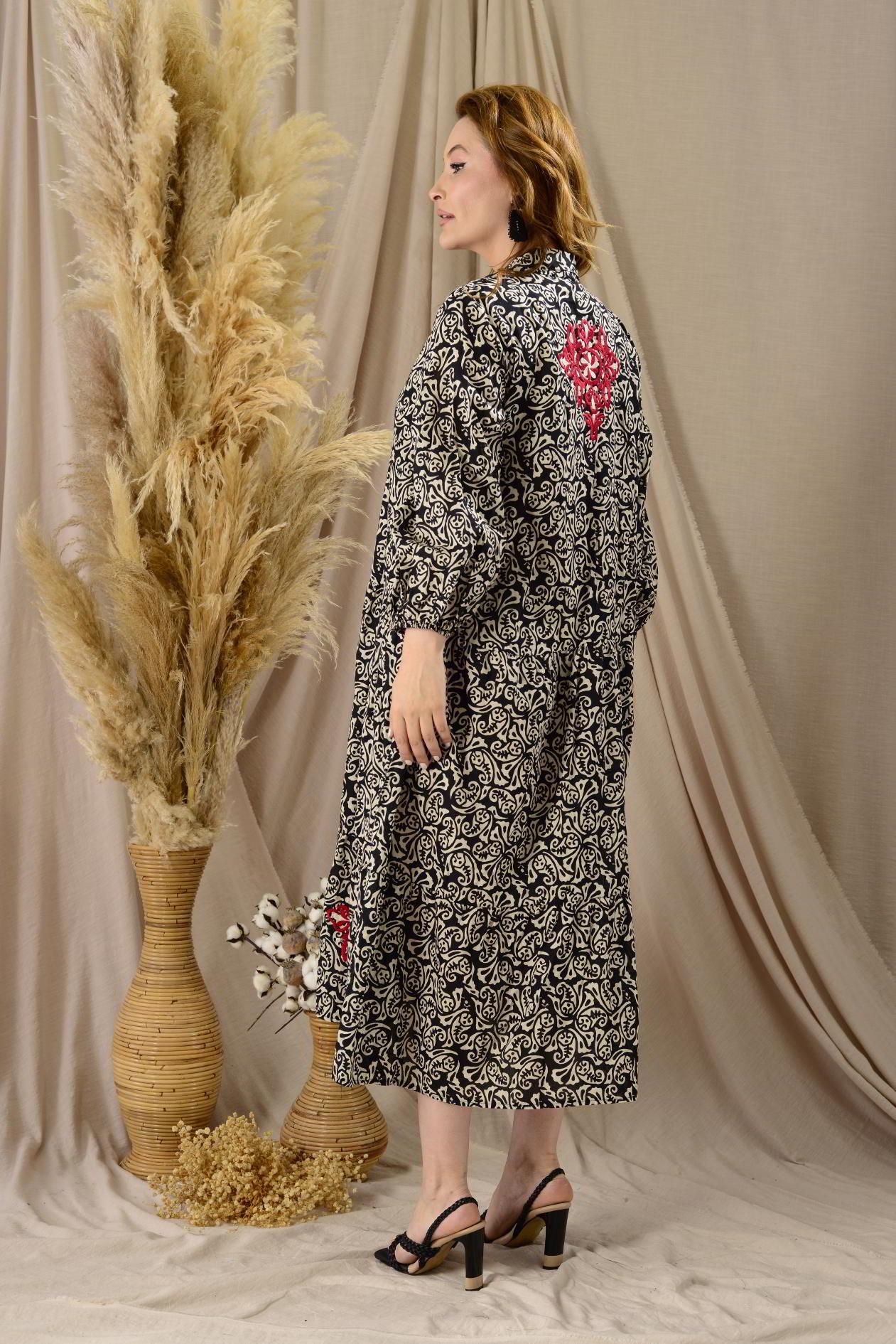 AN10522 MARIN NAKIŞ DETAYLI GÖMLEK ELBİSE