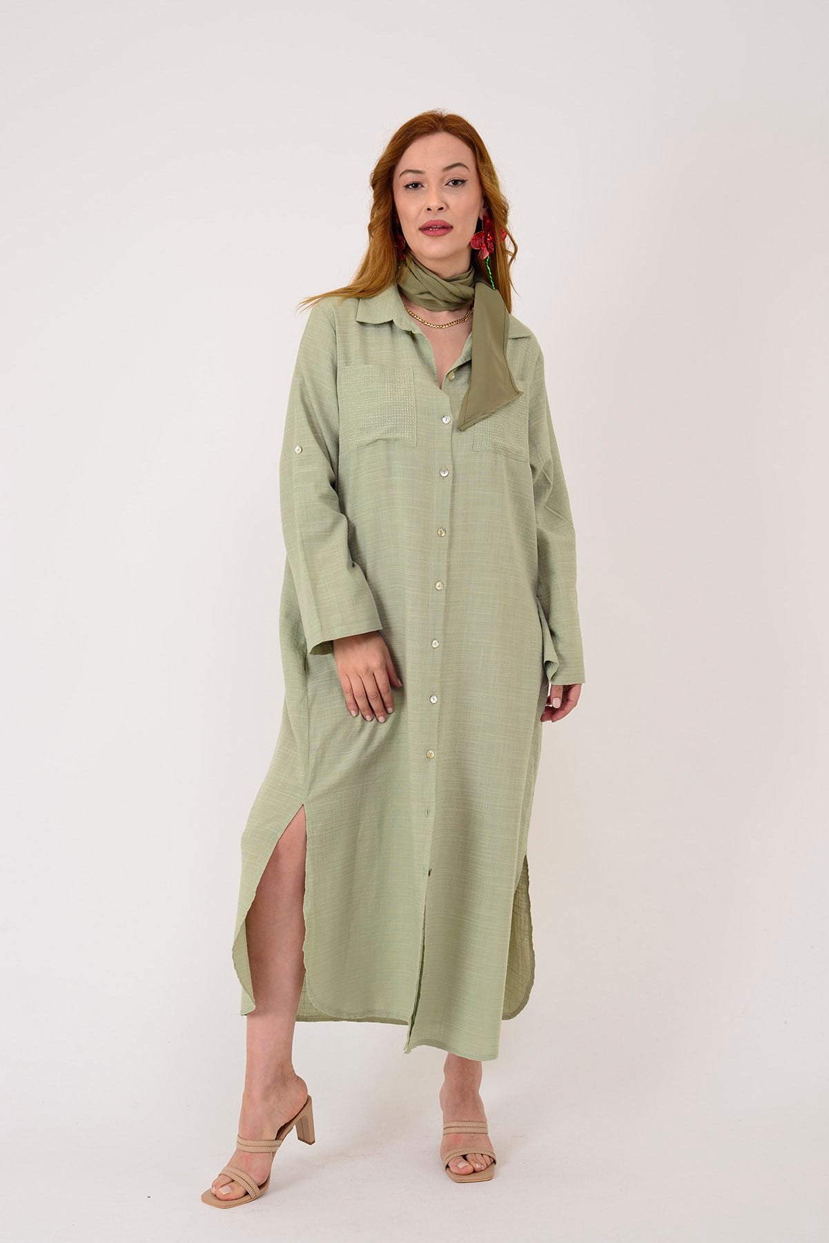 AN10730 CEPLERİ TAŞ İŞLEMELİ GÖMLEK ELBİSE