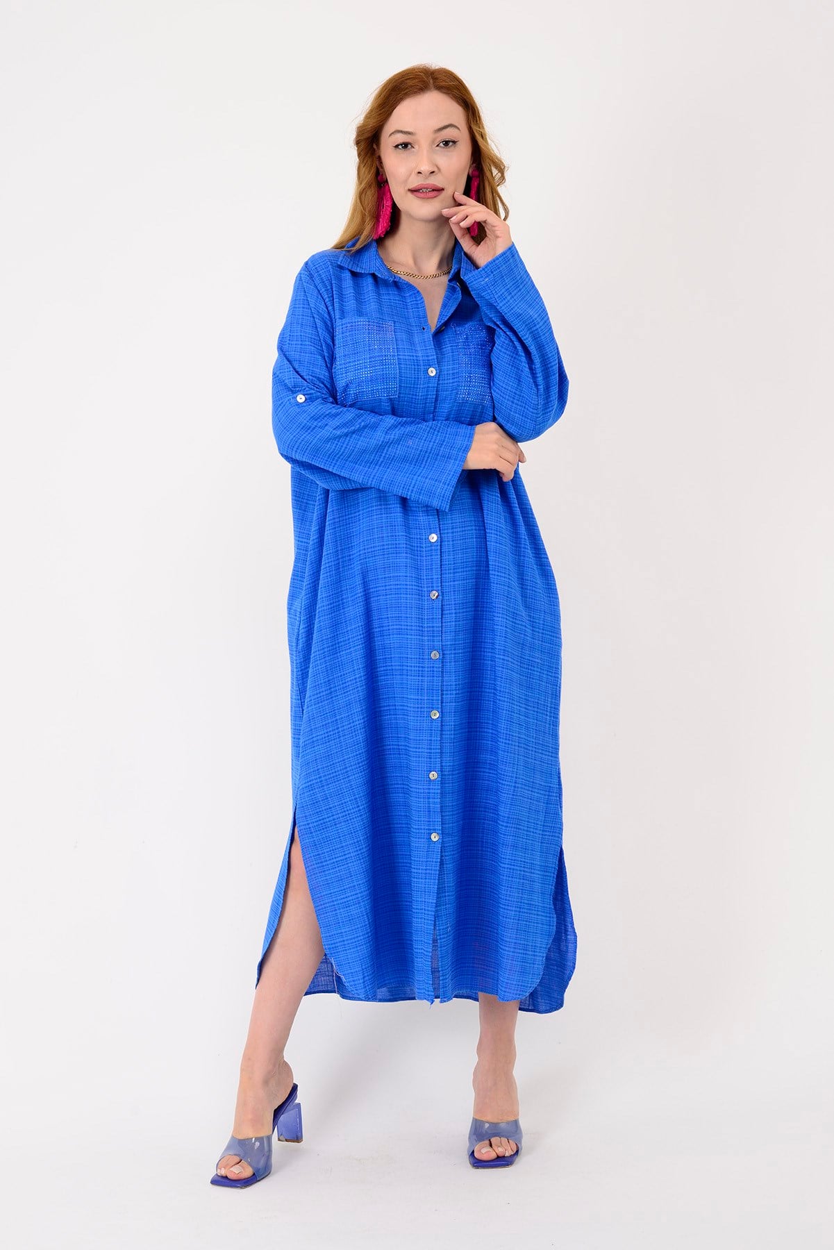 AN10730 CEPLERİ TAŞ İŞLEMELİ GÖMLEK ELBİSE