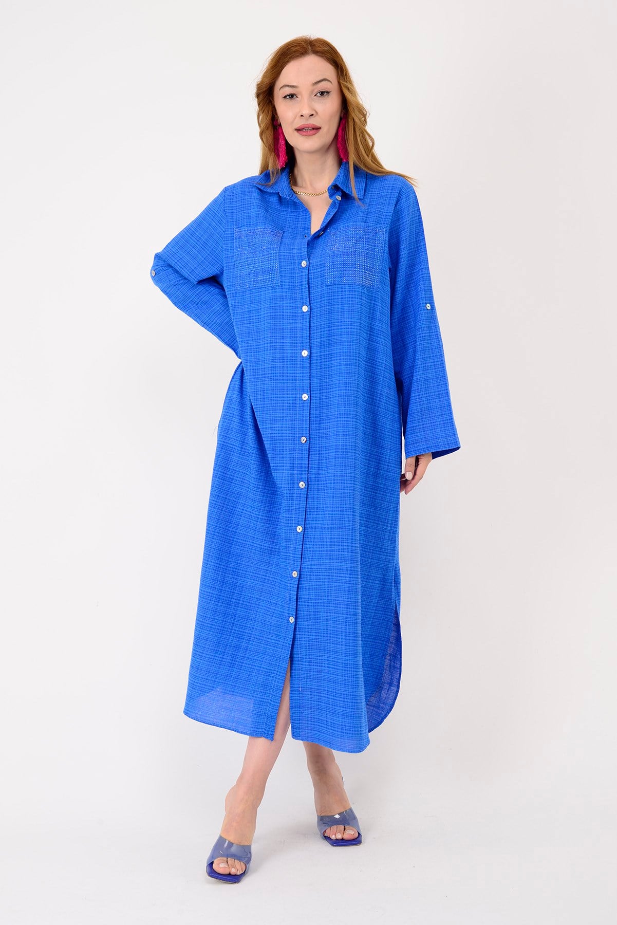 AN10730 CEPLERİ TAŞ İŞLEMELİ GÖMLEK ELBİSE