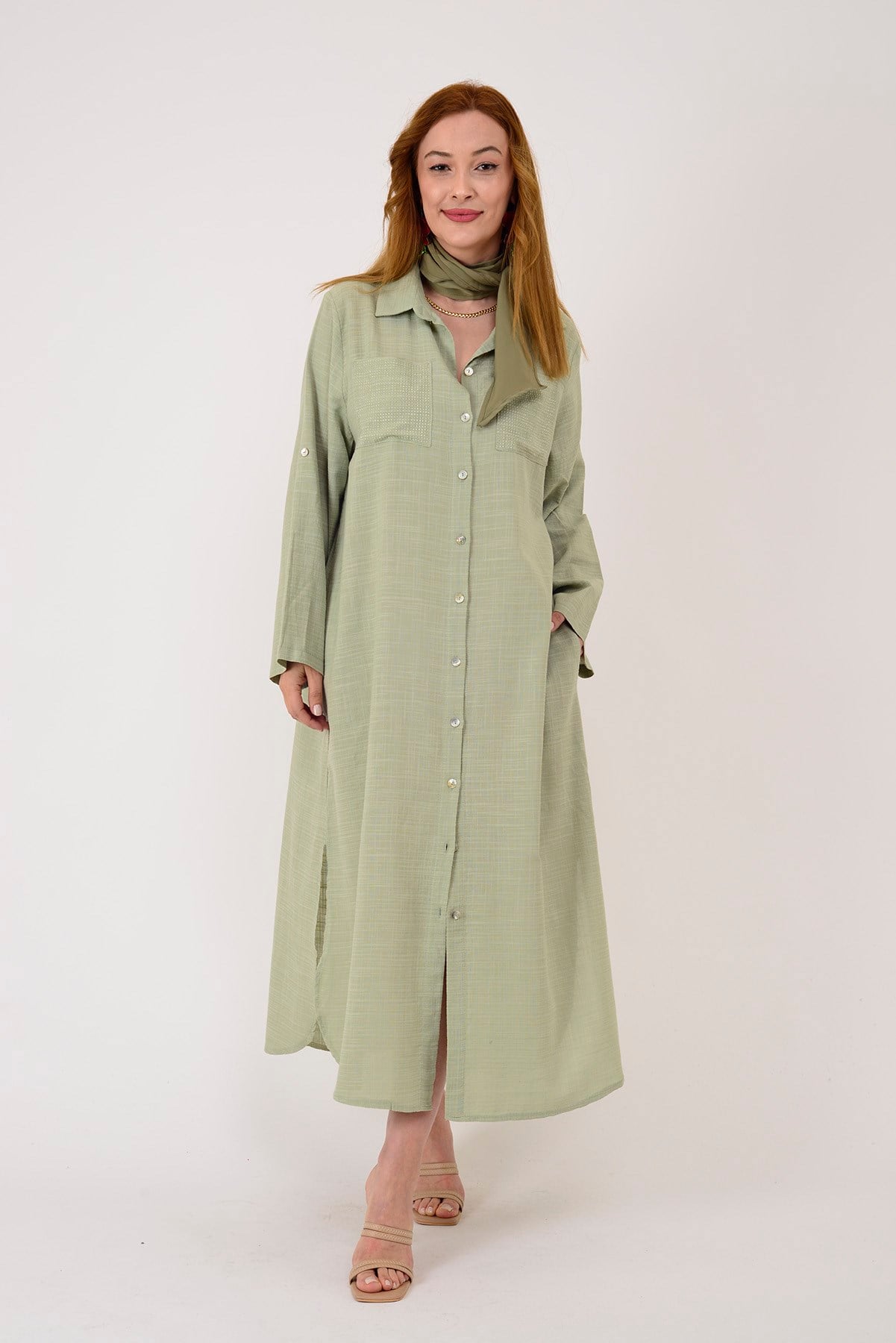 AN10730 CEPLERİ TAŞ İŞLEMELİ GÖMLEK ELBİSE