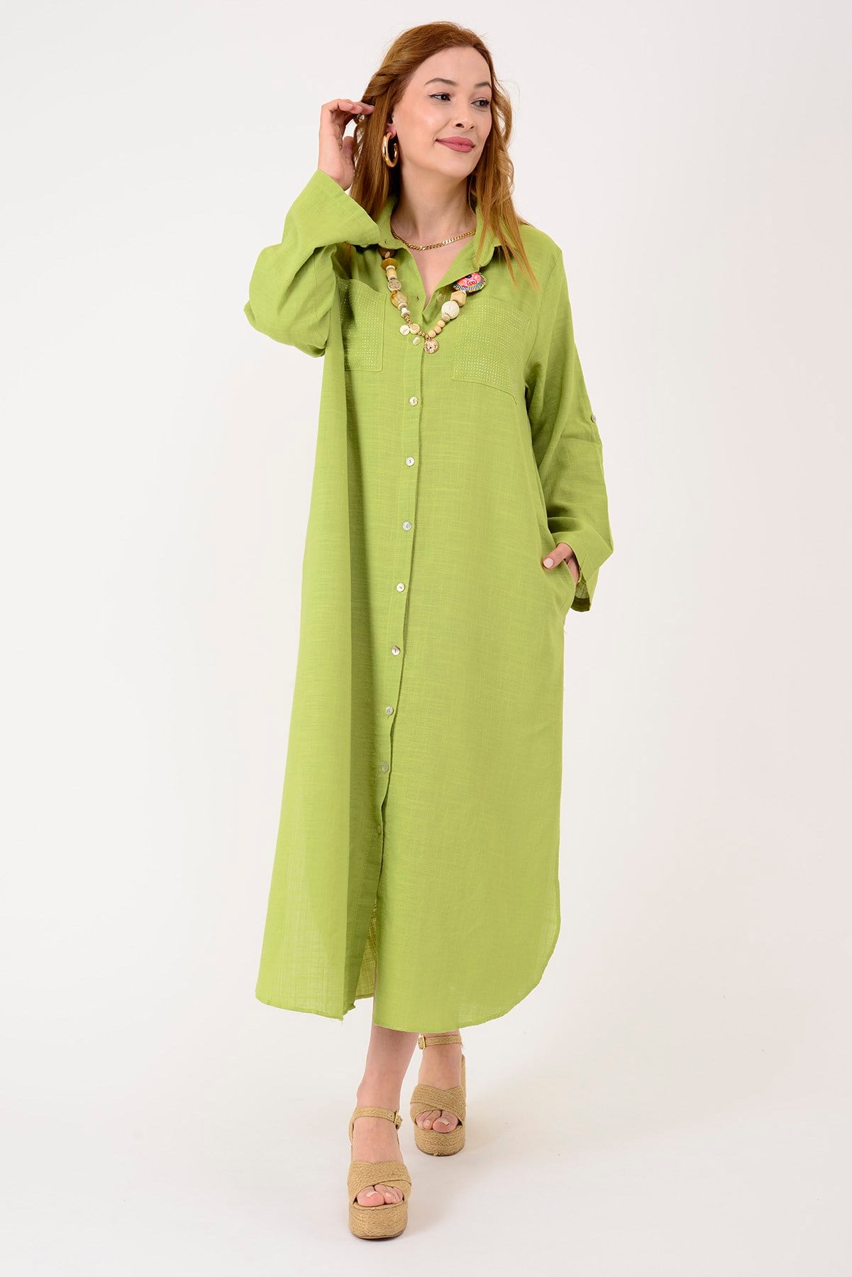 AN10730 CEPLERİ TAŞ İŞLEMELİ GÖMLEK ELBİSE