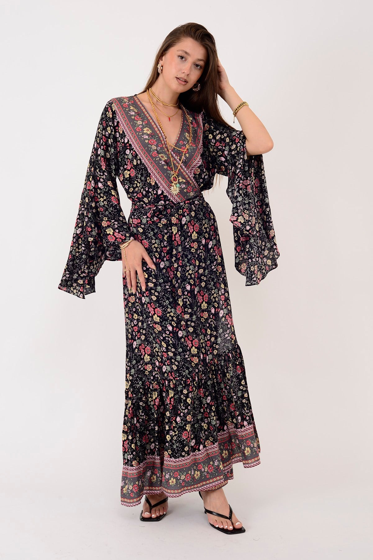 AN10748 ÇITIR ÇİÇEK DESEN KRUVAZE YAKA ELBİSE