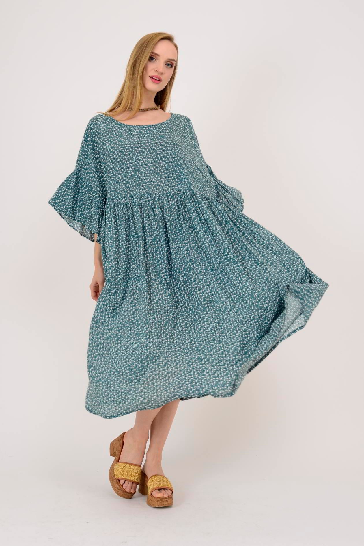 AN136 ÇITIR ÇİÇEK DESENLİ ROBALI VOLANLI BOHO ELBİSE