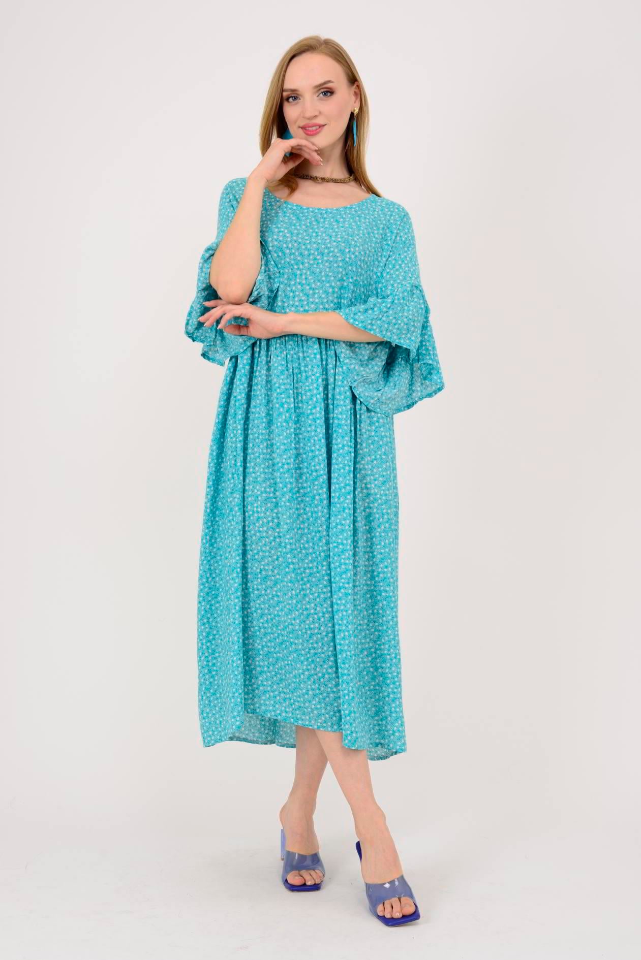 AN136 ÇITIR ÇİÇEK DESENLİ ROBALI VOLANLI BOHO ELBİSE