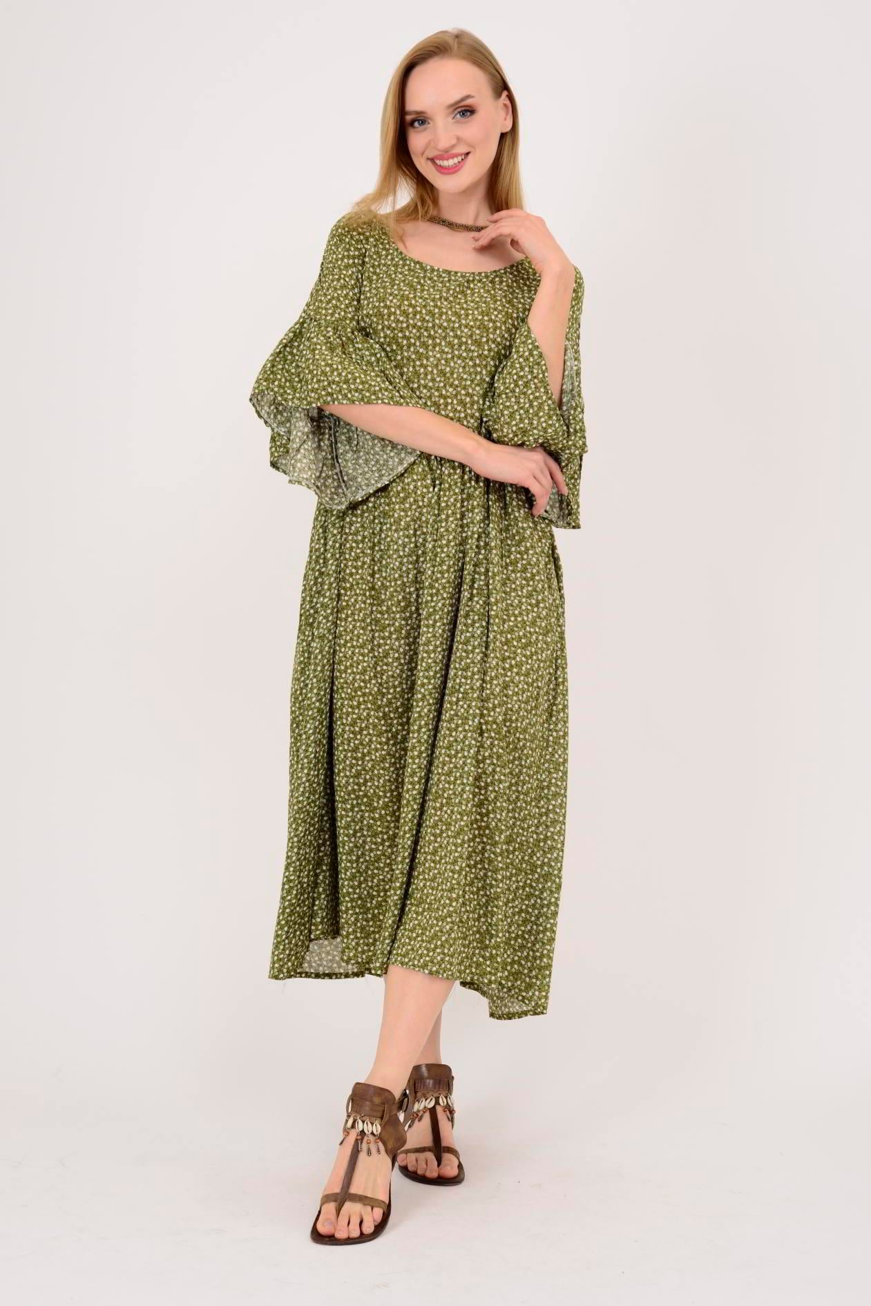 AN136 ÇITIR ÇİÇEK DESENLİ ROBALI VOLANLI BOHO ELBİSE