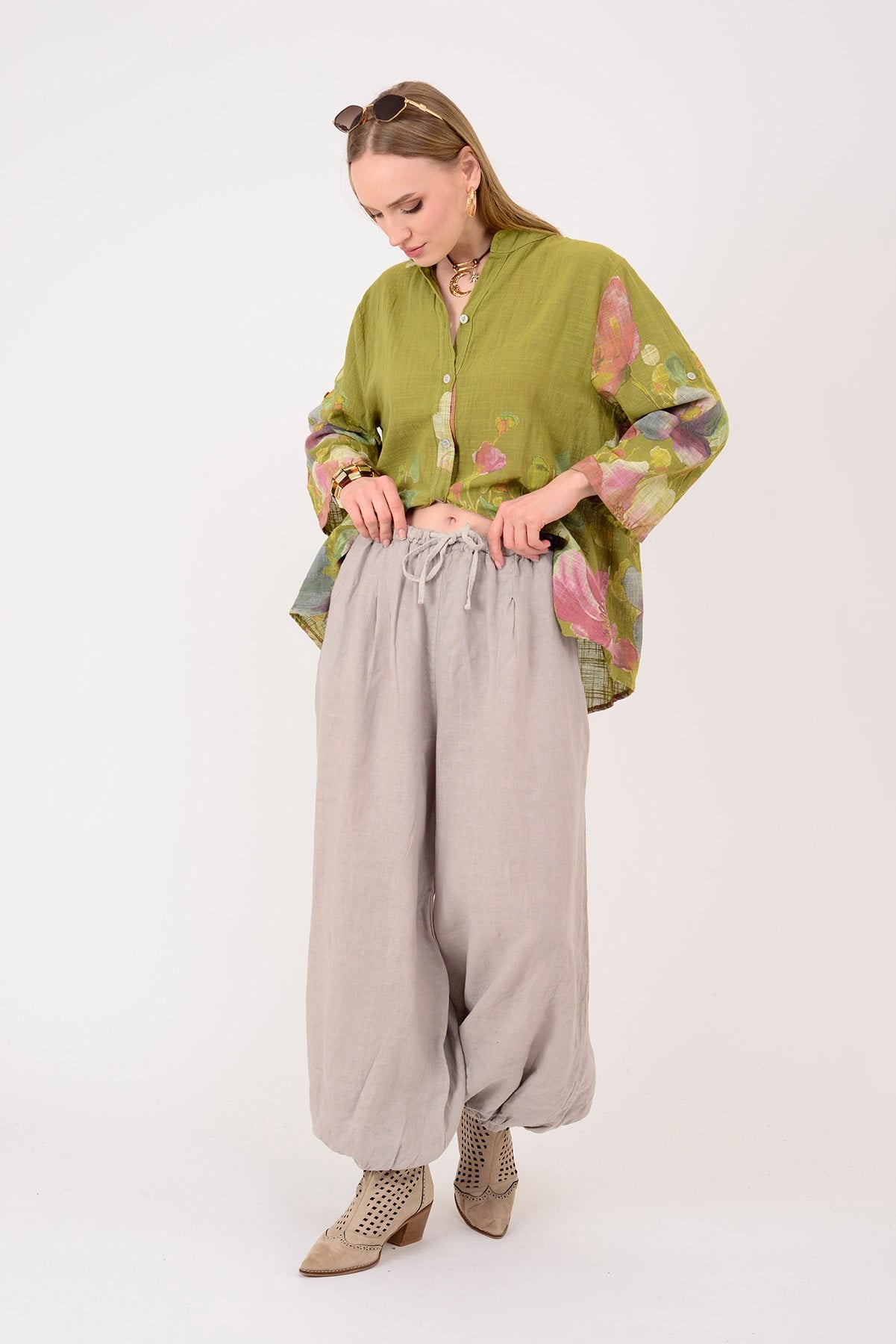 E11191 PAÇASI LASTİK DETAYLI BEGGY KETEN PANTOLON