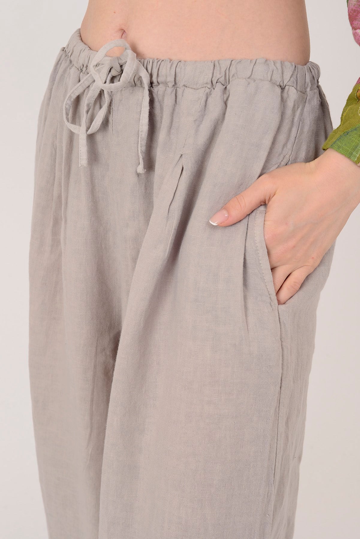E11191 PAÇASI LASTİK DETAYLI BEGGY KETEN PANTOLON