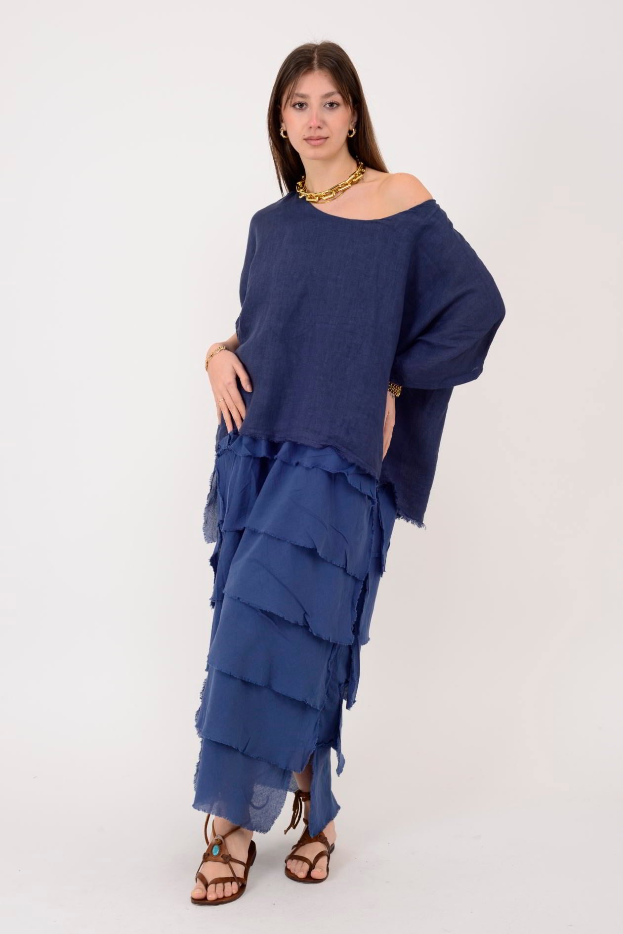 E20831 KAT KAT KETEN ELBİSE