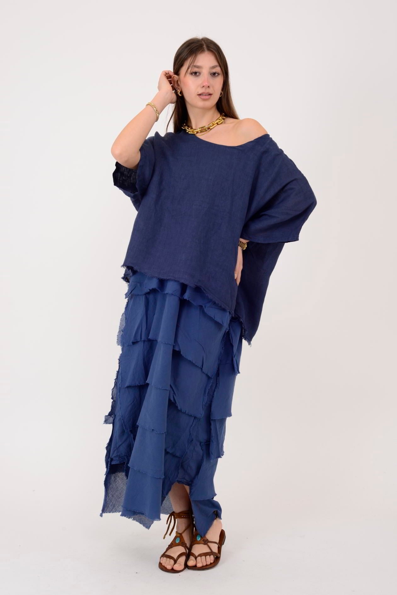 E20831 KAT KAT KETEN ELBİSE