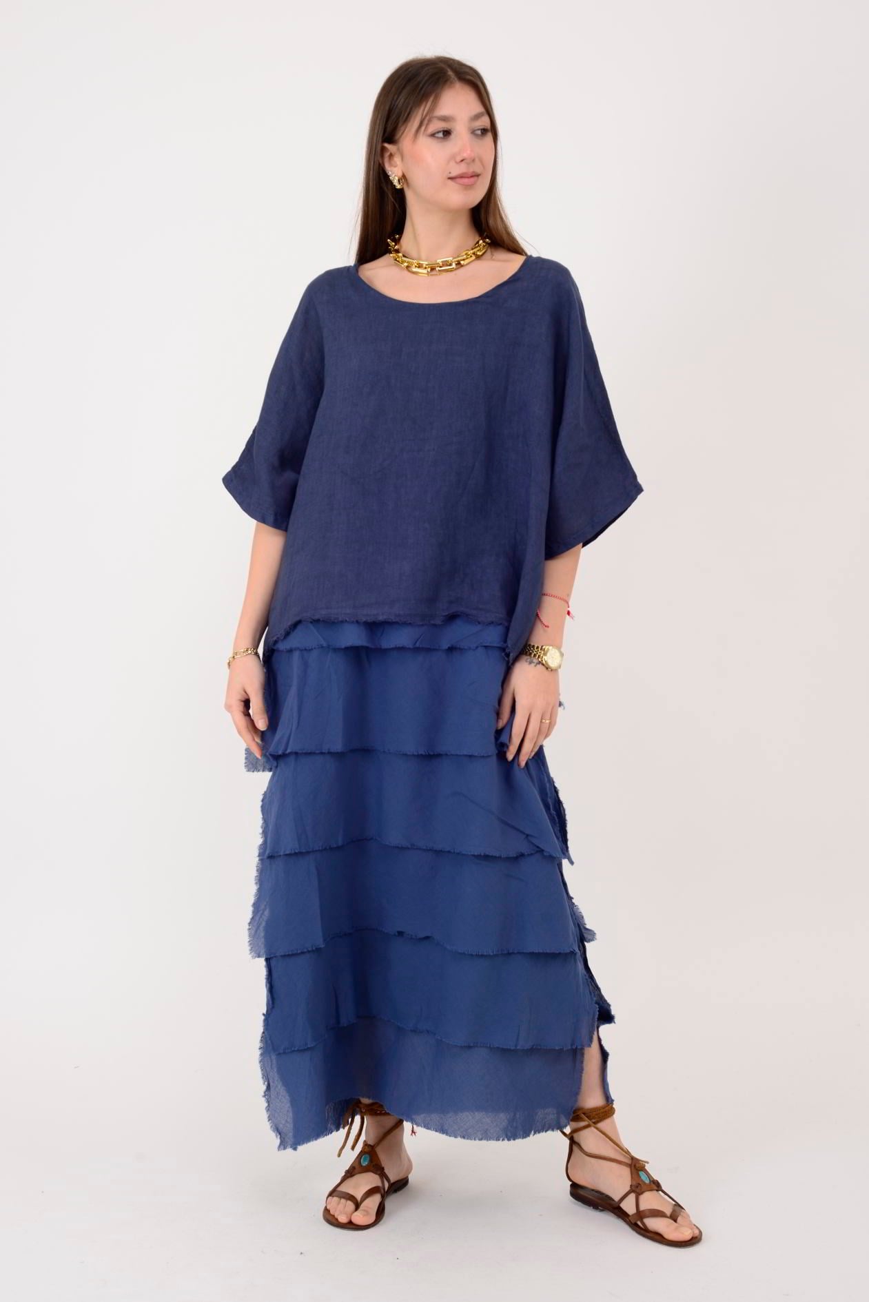 E20831 KAT KAT KETEN ELBİSE