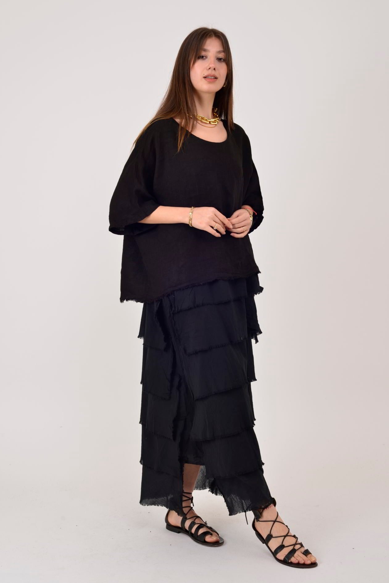 E20831 KAT KAT KETEN ELBİSE