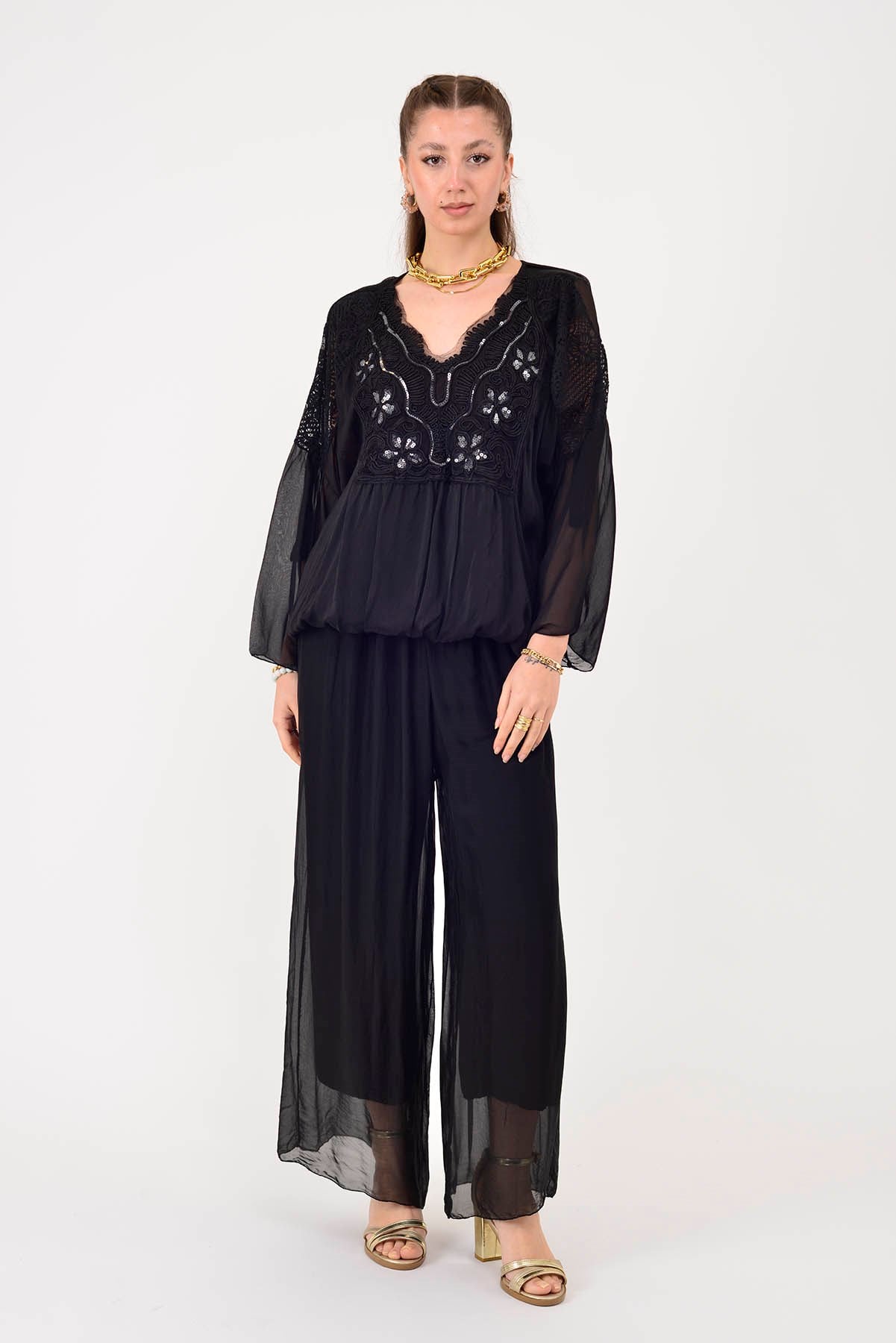 SN015 BELİ LASTİKLİ İPEK PANTOLON