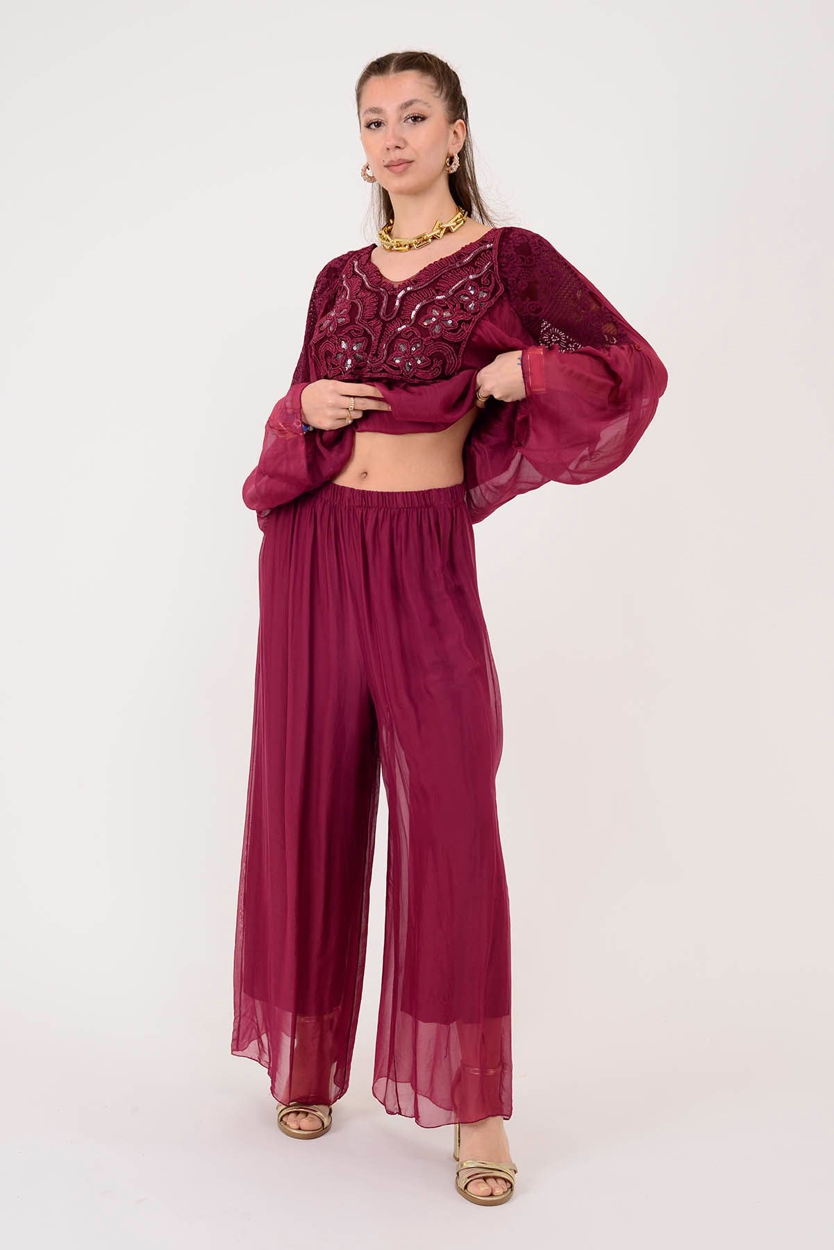 SN015 BELİ LASTİKLİ İPEK PANTOLON