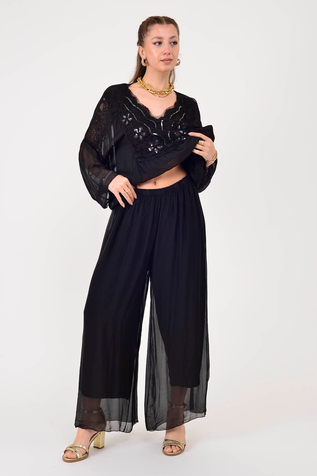 SN015 BELİ LASTİKLİ İPEK PANTOLON