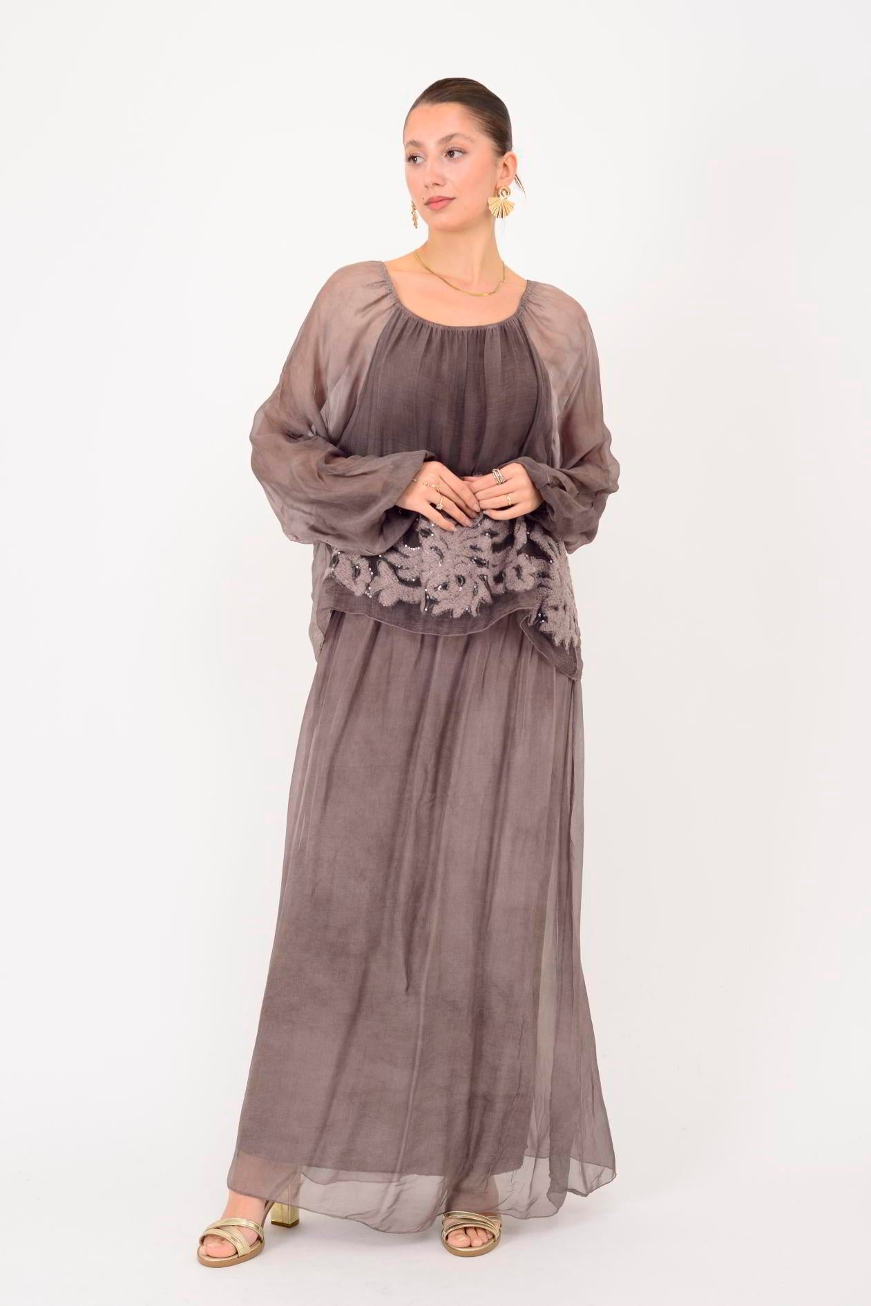 SN510 MADONNA YAKA KABARTMALI PAYET DETAYLI İPEK ELBİSE
