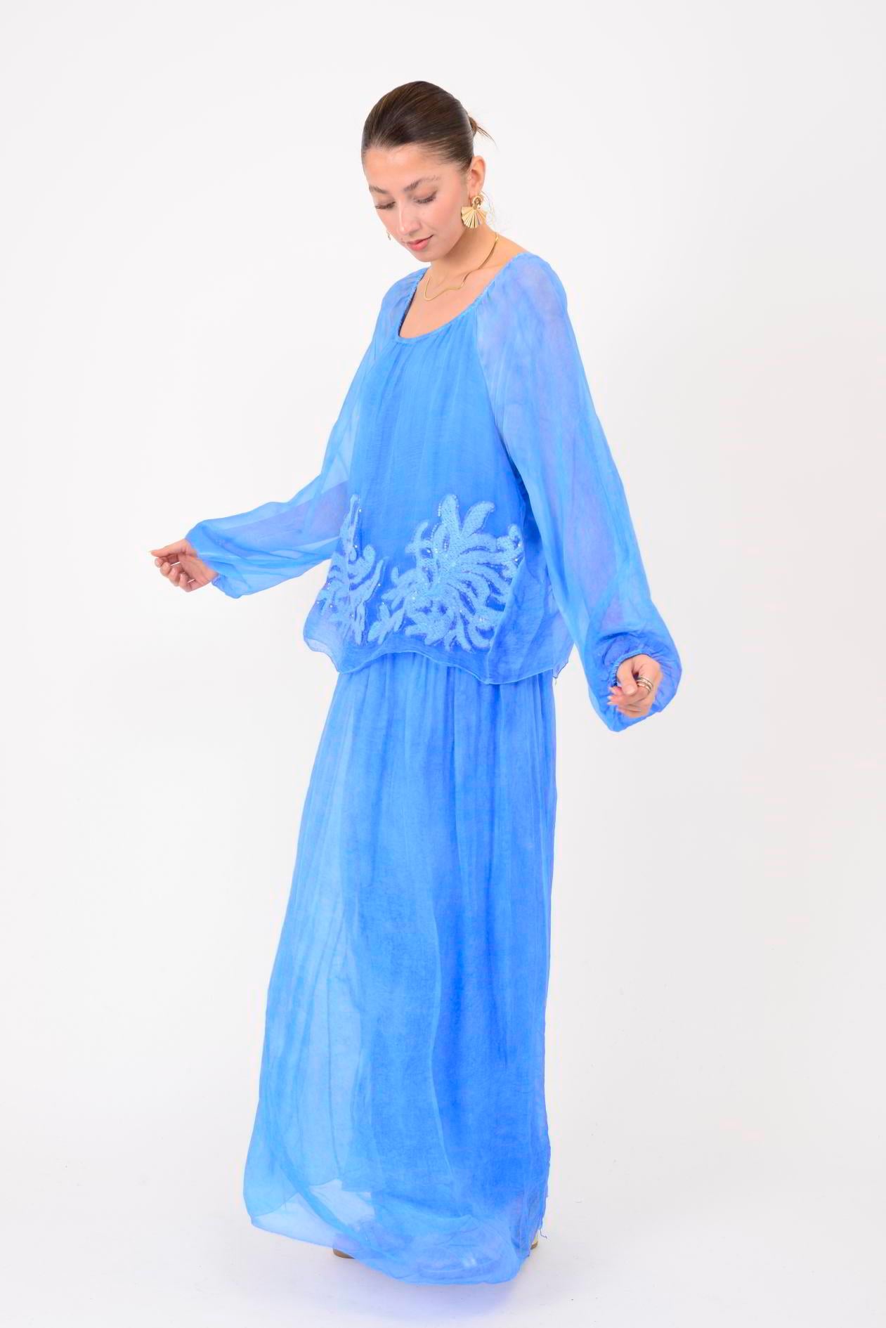 SN510 MADONNA YAKA KABARTMALI PAYET DETAYLI İPEK ELBİSE