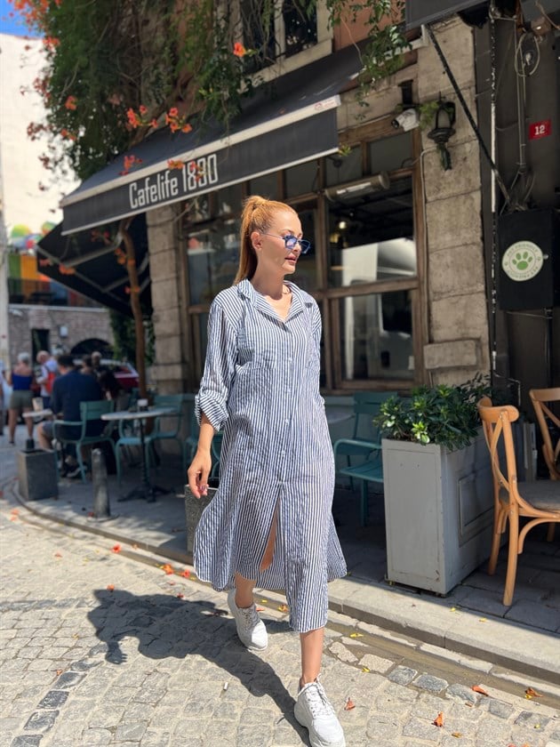 0166 LINE ÇİZGİLİ GÖMLEK ELBİSE