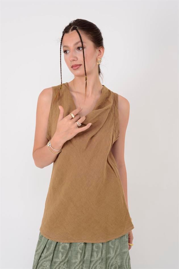 10101 DEGAJE YAKA KOLSUZ KETEN BLUZ