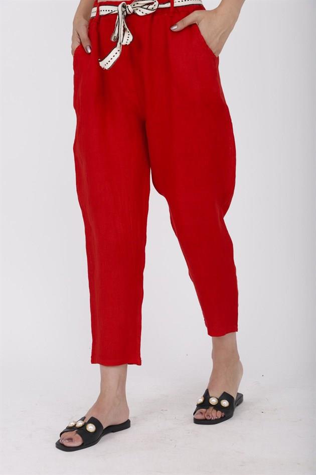 10156H KEMER DETAYLI HAVUÇ KETEN PANTOLON