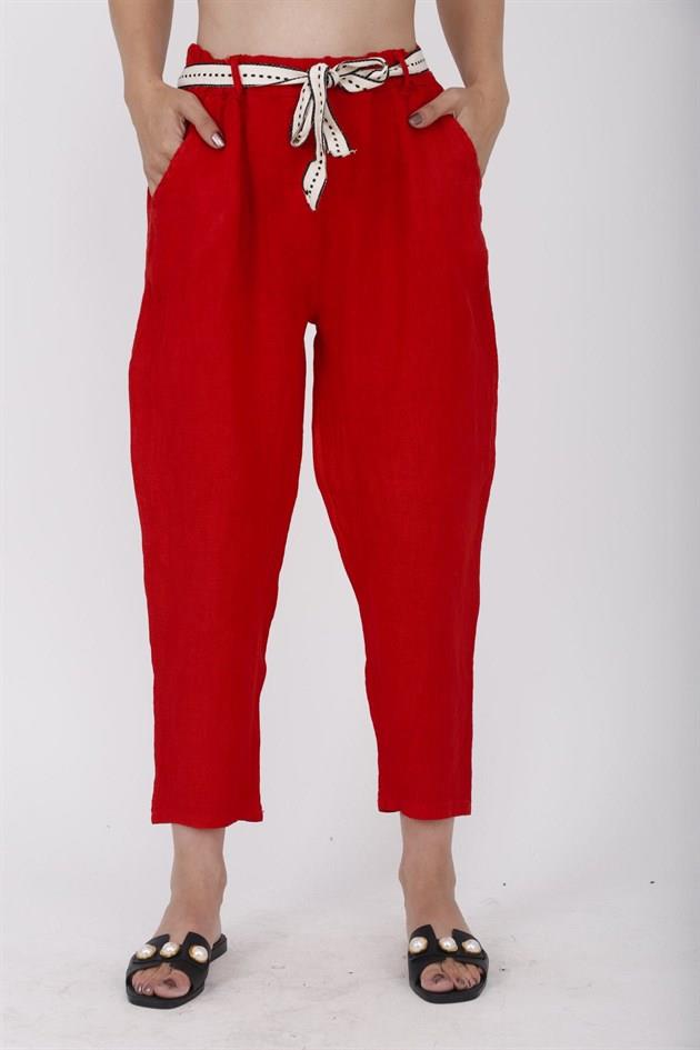 10156H KEMER DETAYLI HAVUÇ KETEN PANTOLON