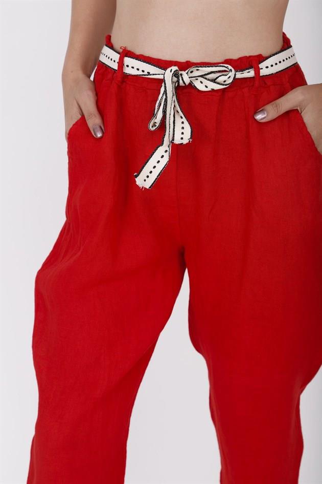 10156H KEMER DETAYLI HAVUÇ KETEN PANTOLON