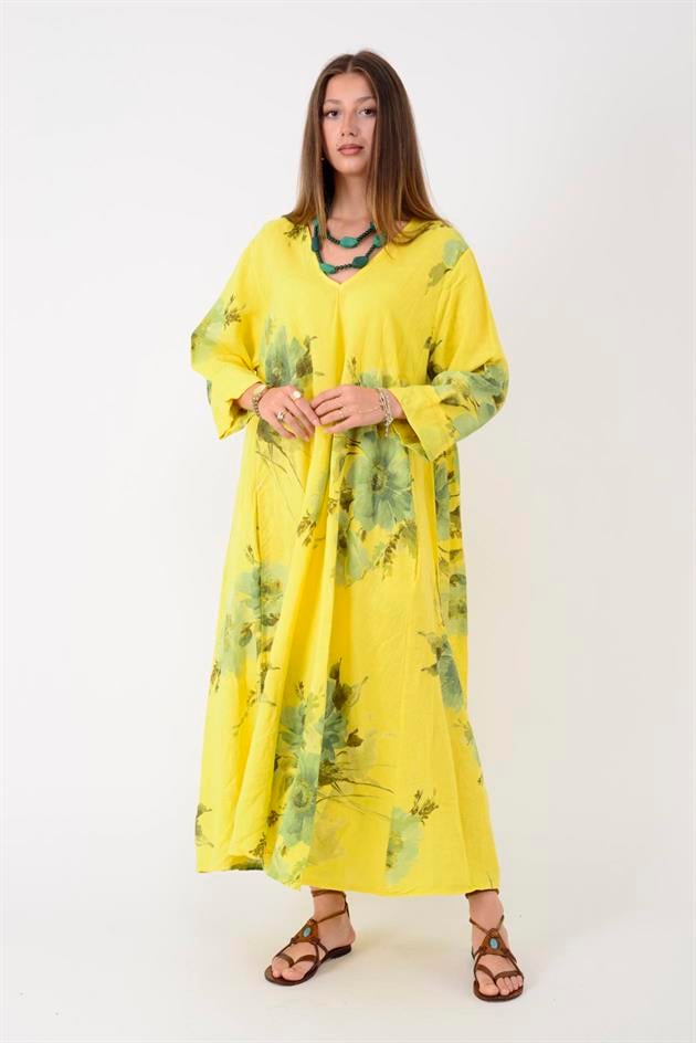 102181 LADI BATİK ÇİÇEK DESEN V YAKA KETEN ELBİSE