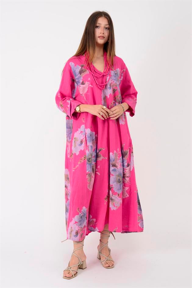 102181 LADI BATİK ÇİÇEK DESEN V YAKA KETEN ELBİSE