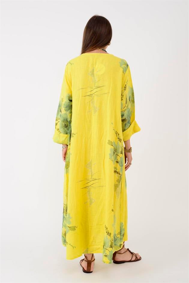 102181 LADI BATİK ÇİÇEK DESEN V YAKA KETEN ELBİSE