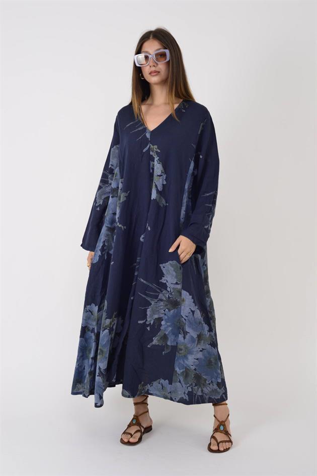 102181 LADI BATİK ÇİÇEK DESEN V YAKA KETEN ELBİSE