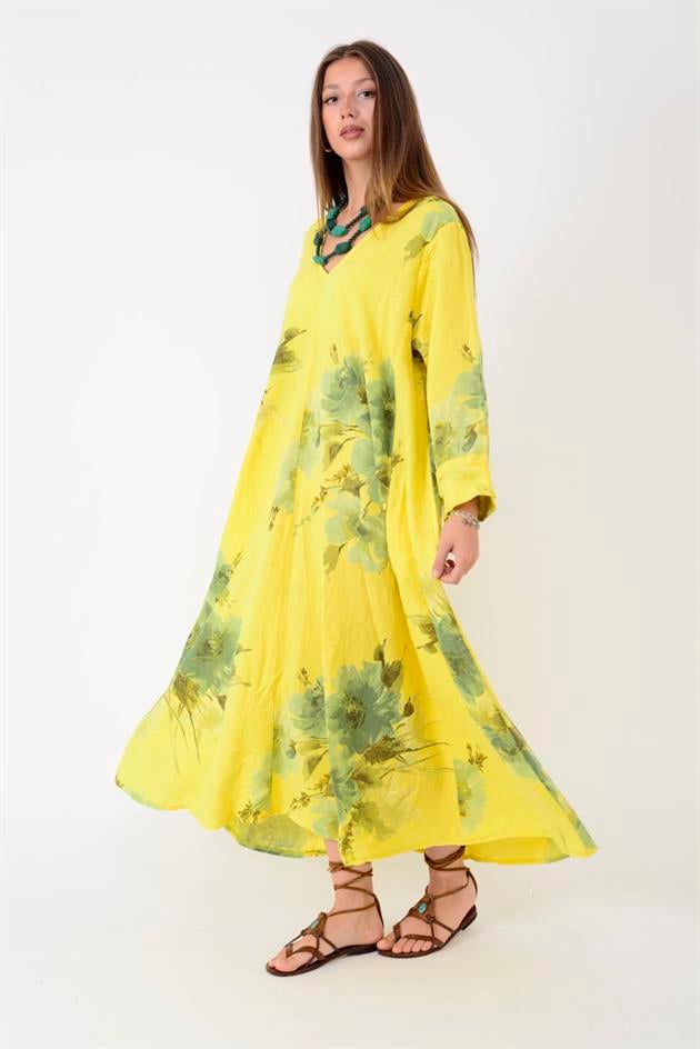 102181 LADI BATİK ÇİÇEK DESEN V YAKA KETEN ELBİSE