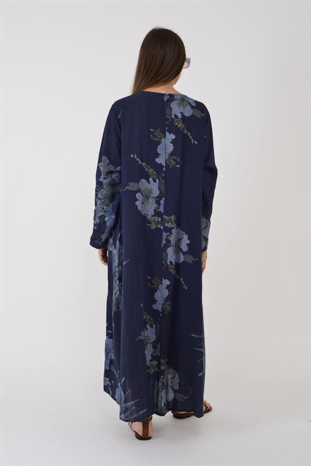 102181 LADI BATİK ÇİÇEK DESEN V YAKA KETEN ELBİSE