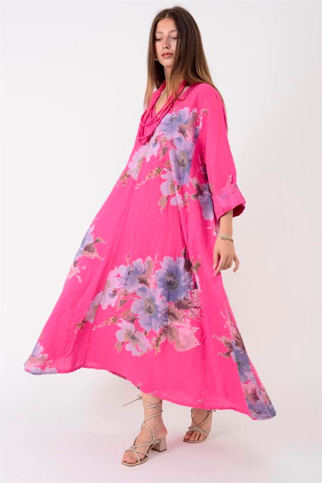 102181 LADI BATİK ÇİÇEK DESEN V YAKA KETEN ELBİSE