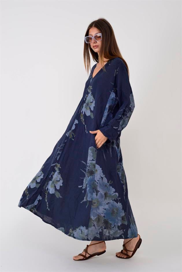 102181 LADI BATİK ÇİÇEK DESEN V YAKA KETEN ELBİSE