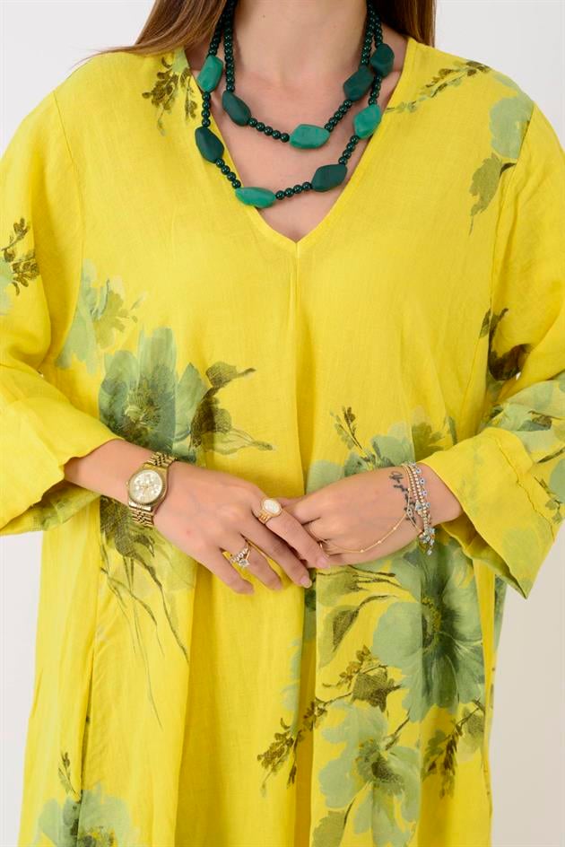 102181 LADI BATİK ÇİÇEK DESEN V YAKA KETEN ELBİSE