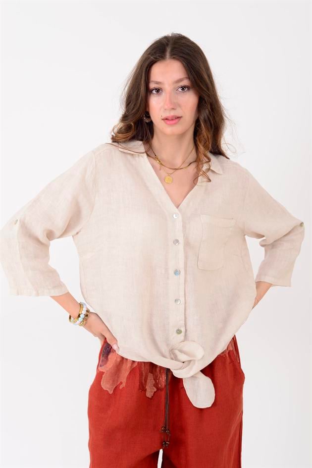 10392 BAĞLAMA DETAYLI KETEN GÖMLEK