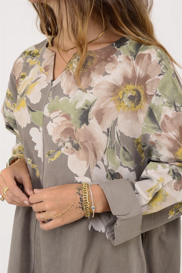 10392 LOVA ÇİÇEK DESEN FİTİLLİ ELBİSE