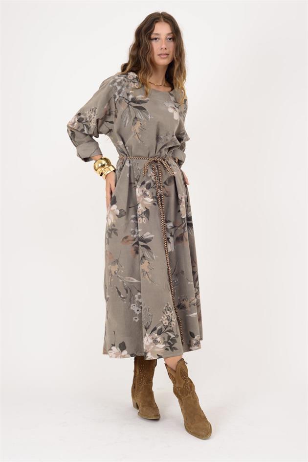 10416 LOVA KUŞAK DETAYLI FİTİLLİ ELBİSE