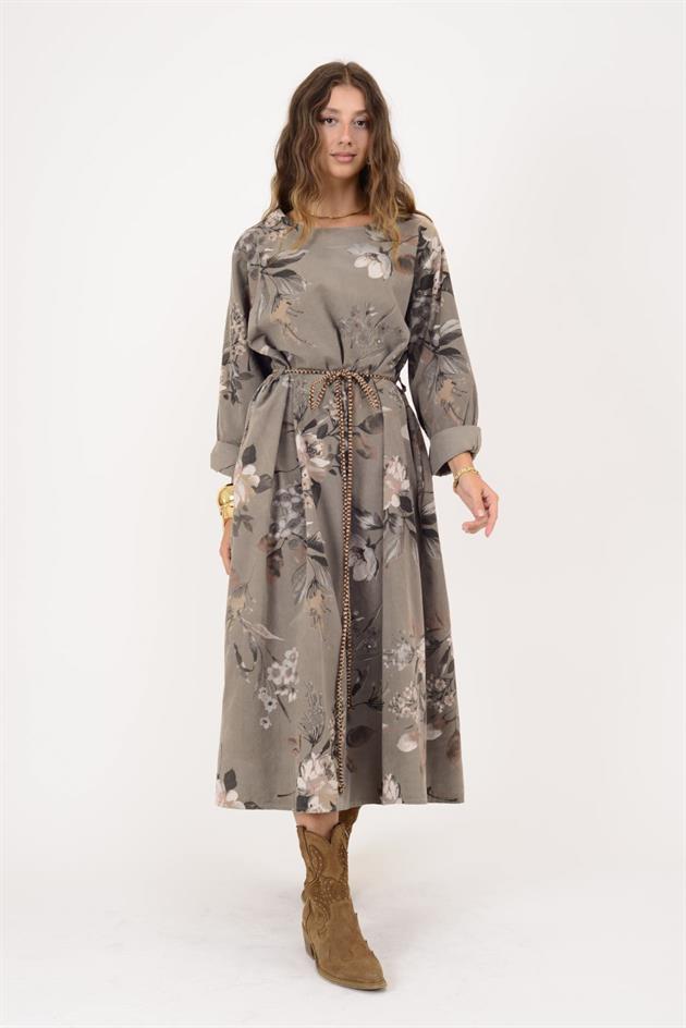 10416 LOVA KUŞAK DETAYLI FİTİLLİ ELBİSE
