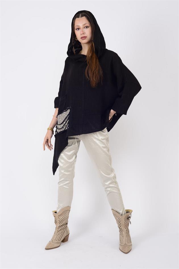 10579 DEGAJE YAKA PAYET DETAYLI ASİMETRİK KESİM KETEN BLUZ