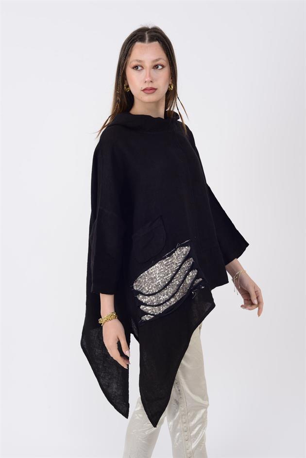 10579 DEGAJE YAKA PAYET DETAYLI ASİMETRİK KESİM KETEN BLUZ