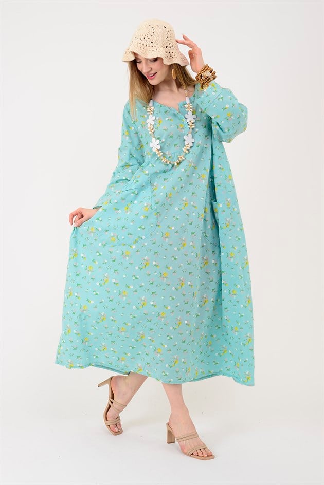 10964 LOVA ÇITIR ÇİÇEK DESEN ÜÇ DÜĞMELİ ELBİSE