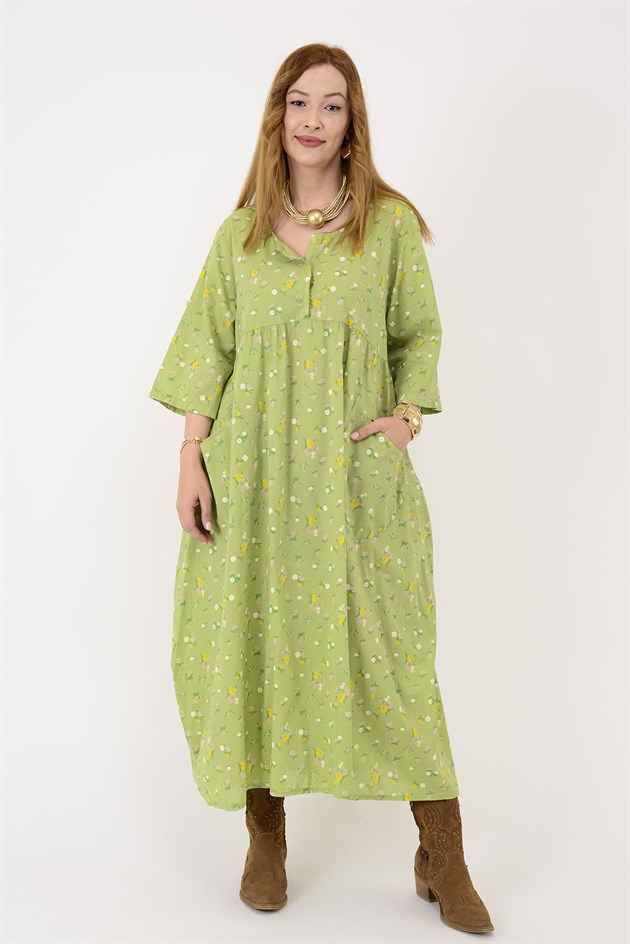 10964 LOVA ÇITIR ÇİÇEK DESEN ÜÇ DÜĞMELİ ELBİSE