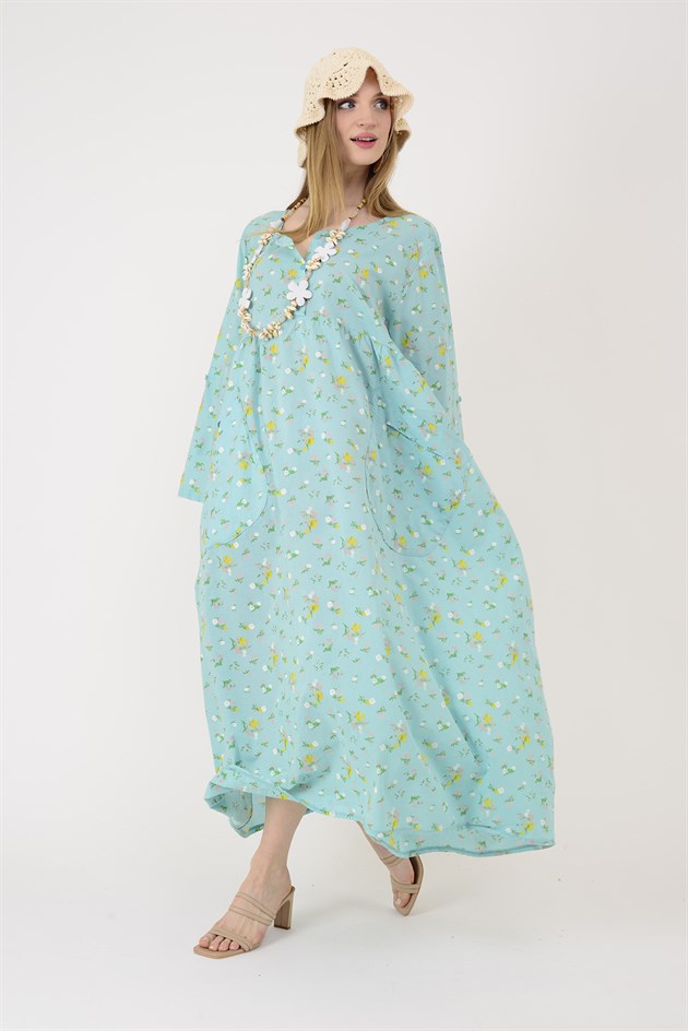 10964 LOVA ÇITIR ÇİÇEK DESEN ÜÇ DÜĞMELİ ELBİSE