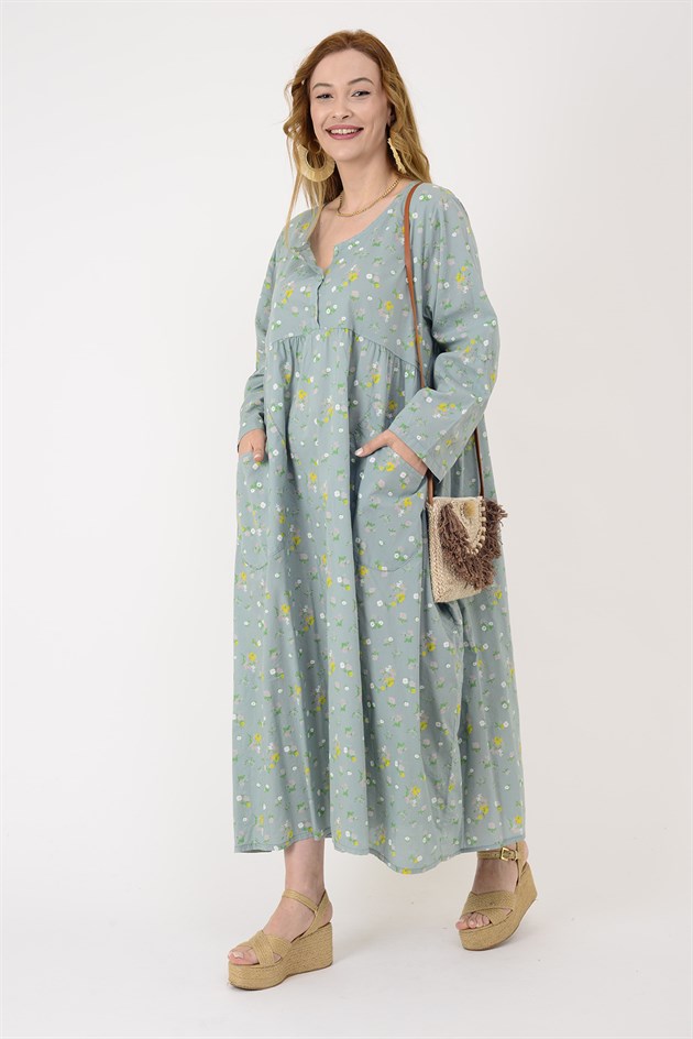 10964 CEP DETAYLI ÇITIR ÇİÇEK DESEN ELBİSE