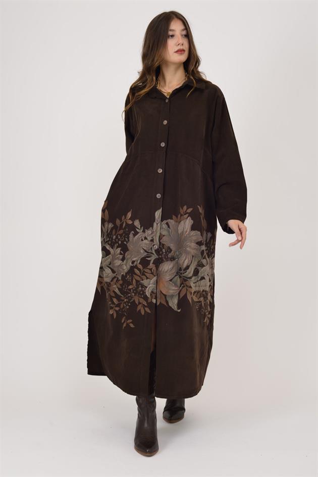 10974 LOVA ÇİÇEK DESEN FİTİLLİ KADİFE GÖMLEK ELBİSE