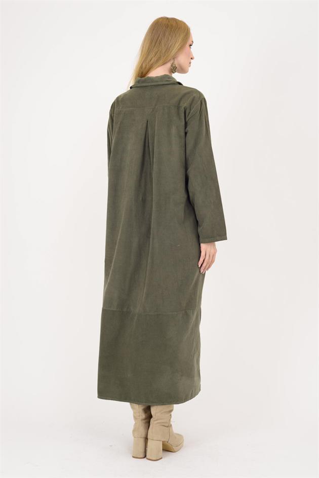 10974 LOVA ÇİÇEK DESEN FİTİLLİ KADİFE GÖMLEK ELBİSE