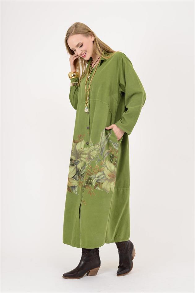 10974 LOVA ÇİÇEK DESEN FİTİLLİ KADİFE GÖMLEK ELBİSE